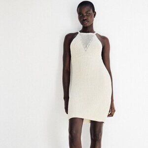 ZARA KNIT CREAM CROCHET MINI DRESS NWT